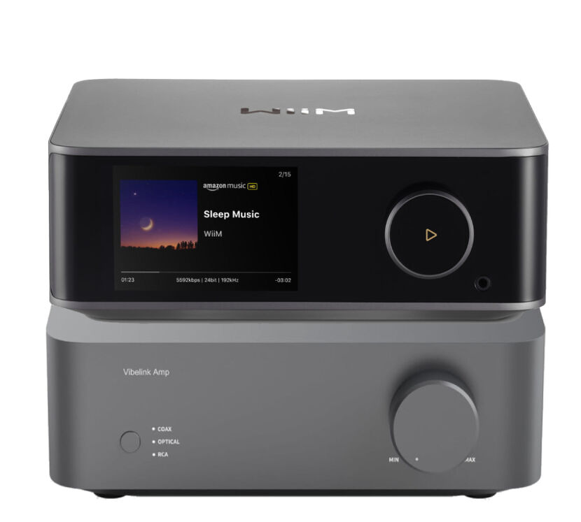 WiiM Vibelink Amp i Ultra (ciemnoszary). Zestaw stereo wzmacniacz i odtwarzacz sieciowy.
