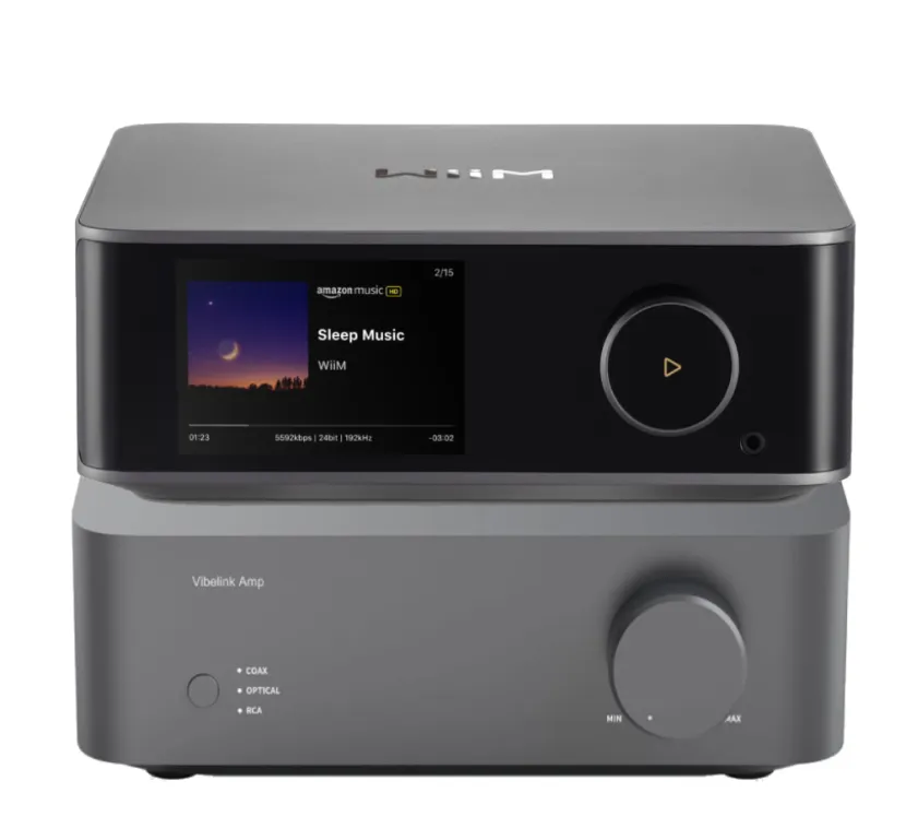 WiiM Vibelink Amp i Ultra (ciemnoszary). Zestaw stereo wzmacniacz i odtwarzacz sieciowy.