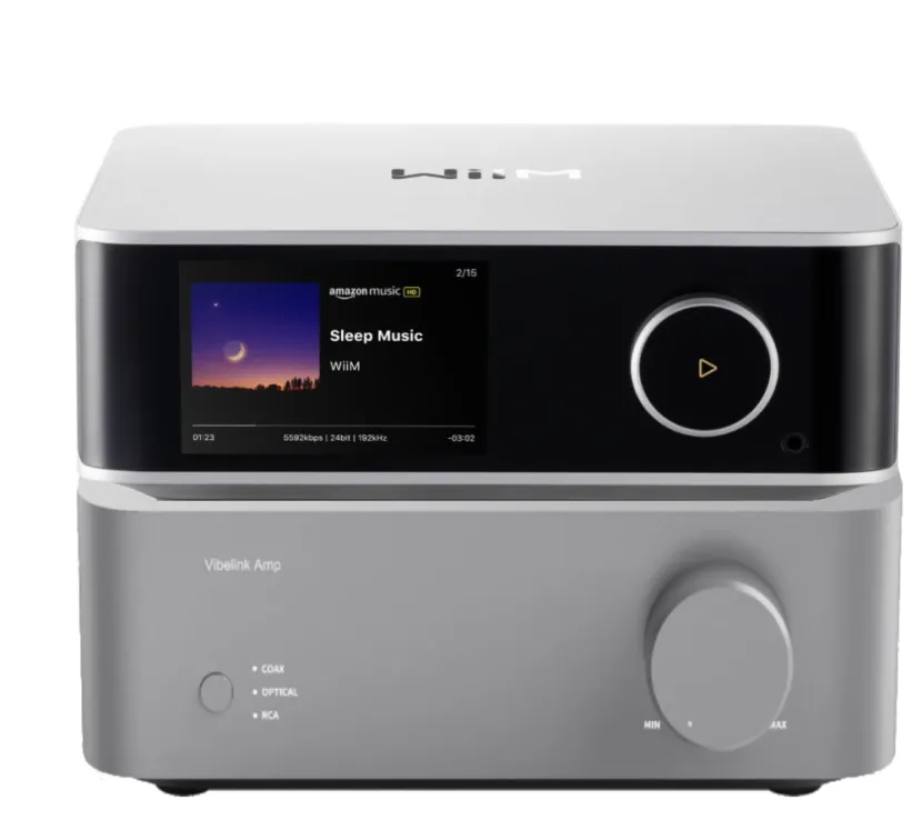 WiiM Vibelink Amp i Ultra (srebrny). Zestaw stereo wzmacniacz i odtwarzacz sieciowy.